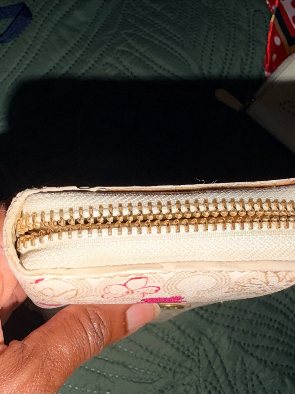 Coach Waverly Cream Signature Long Zip Wallet with Pink Floral Accents